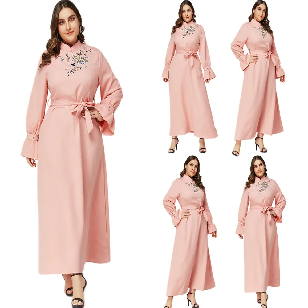 

Abaya Plus Size Muslim Embroidery Long Dress Arabic Women With Belt Ethnic Maxi Robe Islamic Clothing Turkey Dubai Kaftan Loose