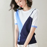2022 summer knitting t shirts women patchwork casual short sleeve tops female o neck thin korean fashion tshirt ladies clothes