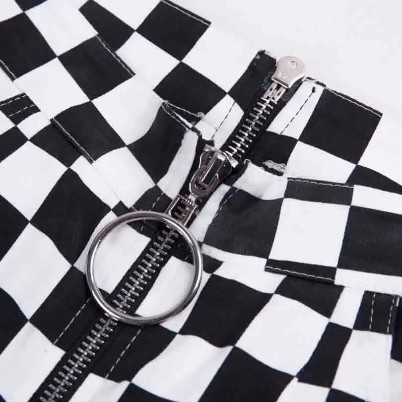 

Fashion Women Pants New Front Rear Zipper Black White Checkerboard Plaid Casual Slim Long Trousers Streetwear Punk Harajuku