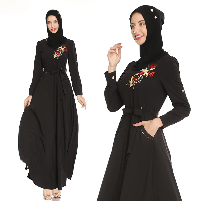 Женское Европейское и американское платье с вышивкой и длинным рукавом, мусульманское платье Ближнего Востока, арабское платье