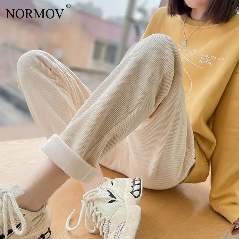 

NORMOV Winter Corduroy Pants Women Vertical Stripes Plus Velvet Loose Trousers Women Thick High Waist Casual Warm Straight Pants
