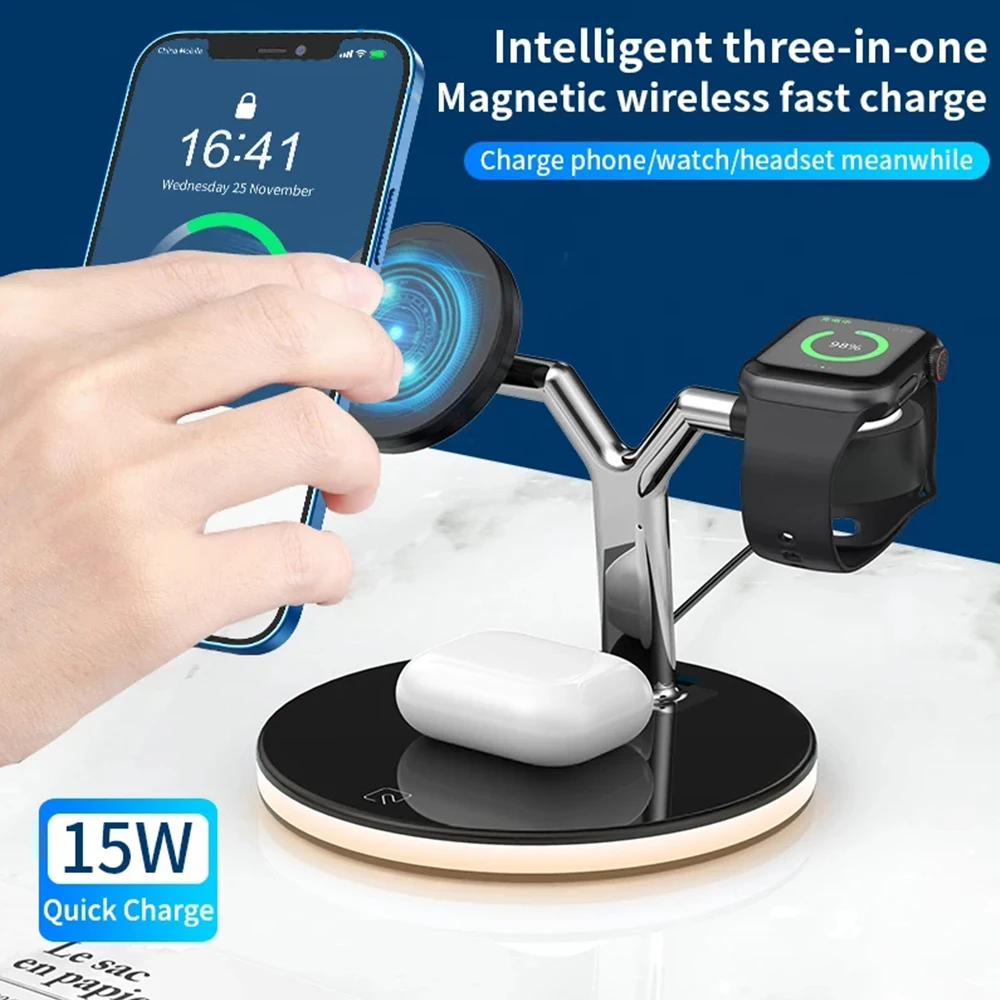 

3 in 1 Wireless Charger 15W Magnetic Fast Charging Stand Quick Charge Dock Station for Apple iPhone Airpods Pro Smart Watch