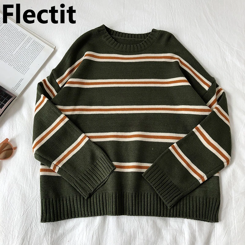 

Flectit Womens Striped Sweater Soft Knit Crew Neck Long Sleeve Oversize Pullover Cozy Jumper Y2K VSCO Girl Casual Outfit