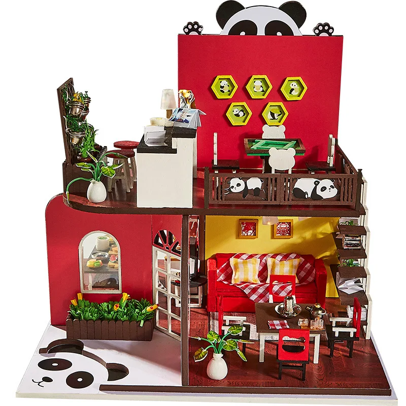 

Panda New Year Dollhouse Furniture Kit Toys Doll Houses Miniature DIY Dollhouse Wooden Toys for Children New Year Christmas Gift