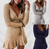 sexy solid color deep v neck long sleeve sweater 2021 women fashion autumn new clothing street solid color folds mini dress