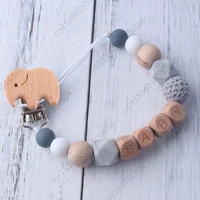 personalized name elephant wood beech dummy clips baby pacifier clips pacifier chain holder for baby teething soother chew toy