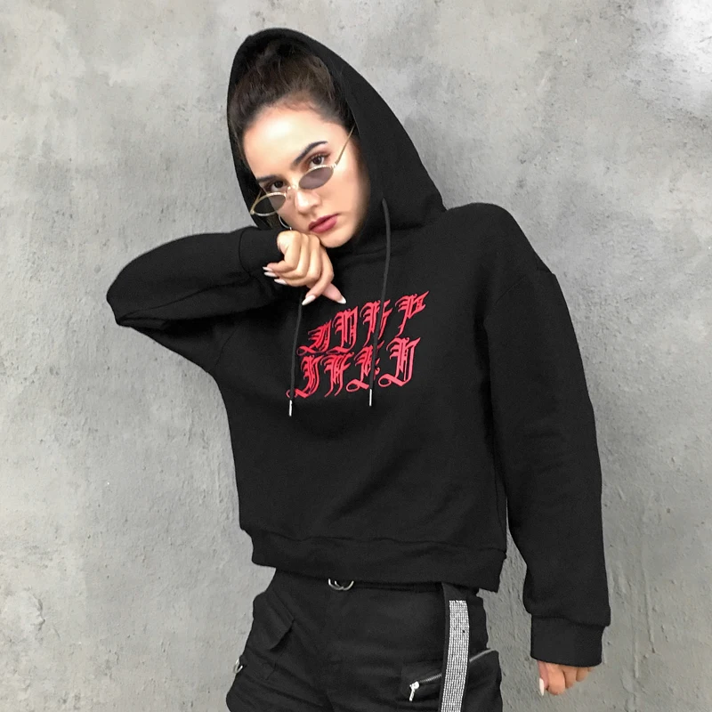 HEYounGIRL напечатаны Harajuku чёрное худи Женская Толстовка Повседневная Свободная Толстовка в стиле панк Женская Корейская толстовка с длинными рукавами Осень
