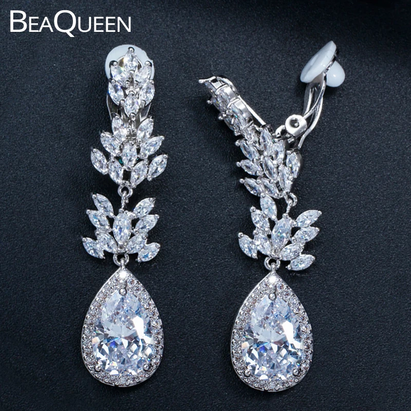 BeaQueen серьги без отверстия Ушная клипса длинная водяная капля кубический цирконий элегантные женские свадебные украшения без пирсинга E208