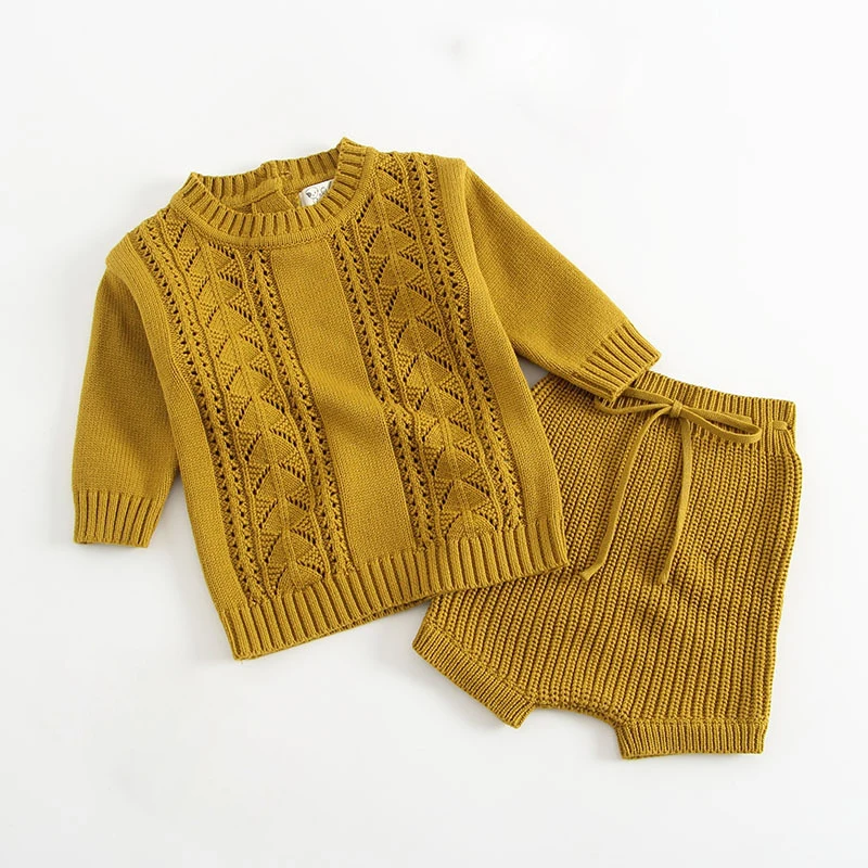 

Autumn Winter Girls Boys Clothes Set Cotton Knit Suit Long-Sleeved Hollow Tops + Shorts 2PCS Kids Sweater Pants Knitted Suits