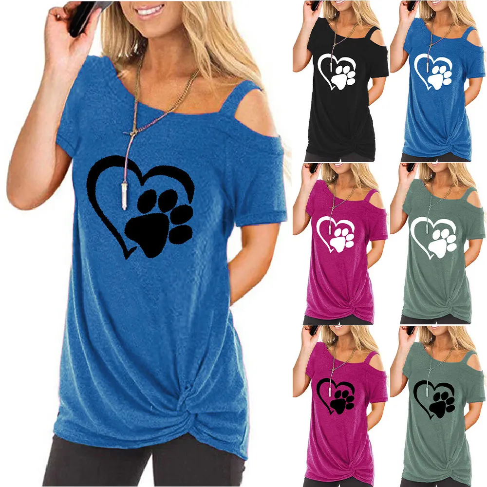 

Women's Loose Fashion T-shirt Summer Casual Short Sleeves Tees Cute Heart Dog Paw Printed Skew Bandage Tops cofekate