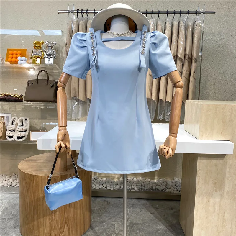 

Niche Design High-end Exquisite Diamond Hollow Design Dress 2021 New Style Fashion Bubble Sleeves Waist A-line Skirt Dress