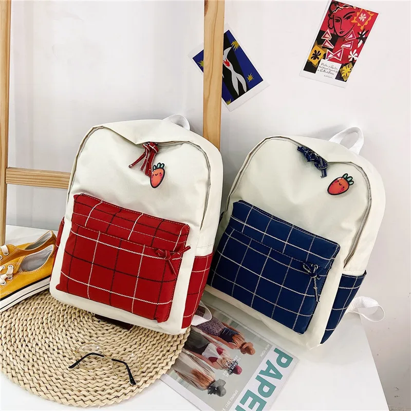 

Trendy large-capacity campus style canvas new fashion lattice backpack student bag couple leisure