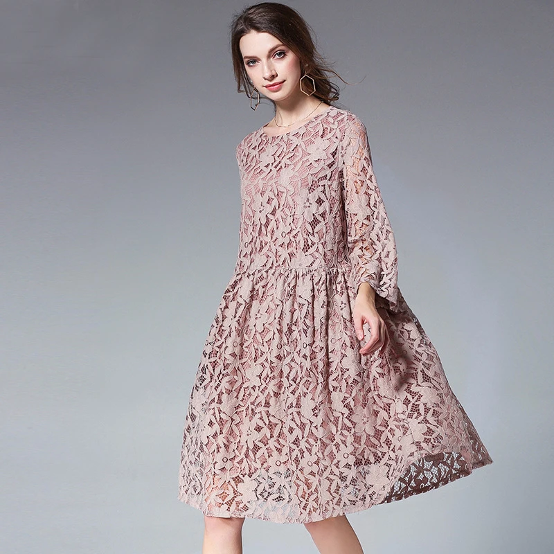 2 цвета Осеннее Женское Платье До Колена свободное открытое кружевное платье с