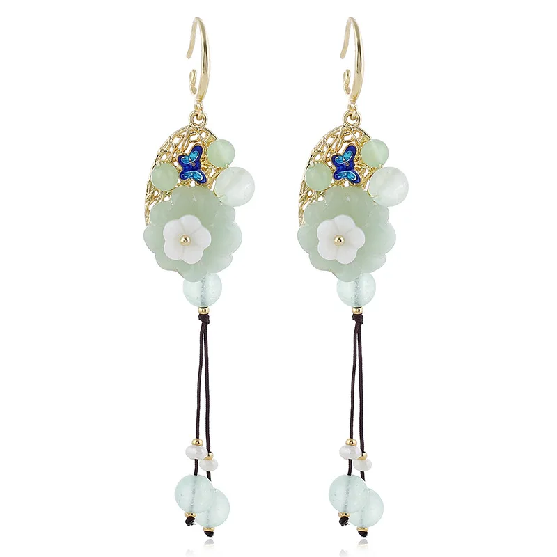 

Chinese Style Vintage Flower Long Tassel Earrings Party Bridal Accessories