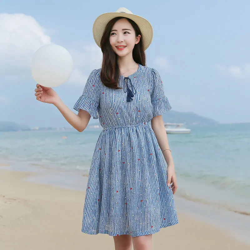 

Summer Women Casual Blue Flare Dresses Short Sleeve Elastic Waist Lace Up Round Neck Knee Middle Length One Piece Holiday Robe