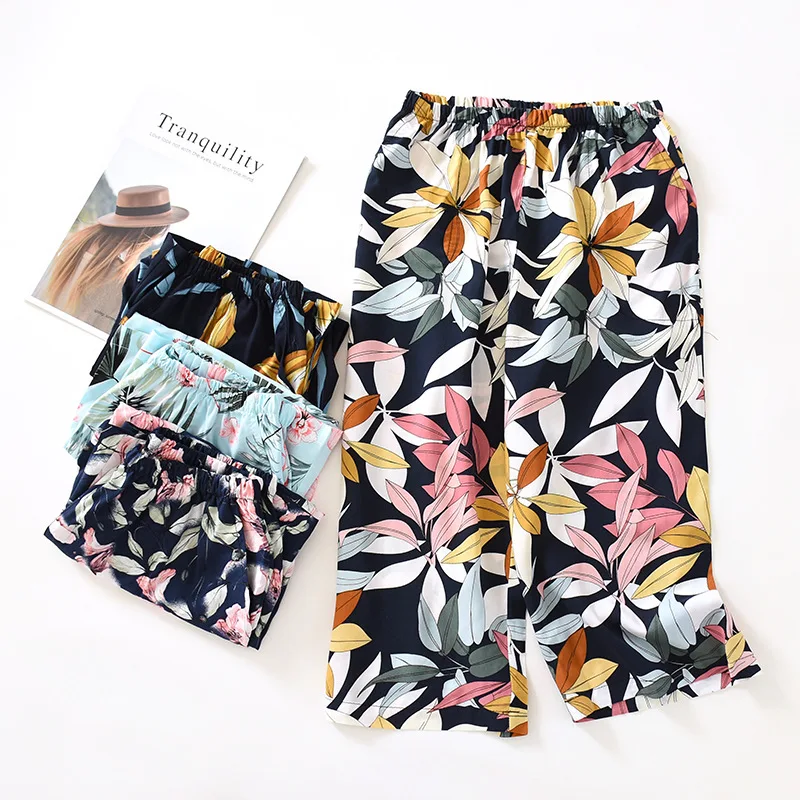 

Women's Pyjama Bottoms Summer Thin Cropped Pants Shorts Anti Mosquito Pants Rayon Printing Elastic Waist Calf-Length Pants