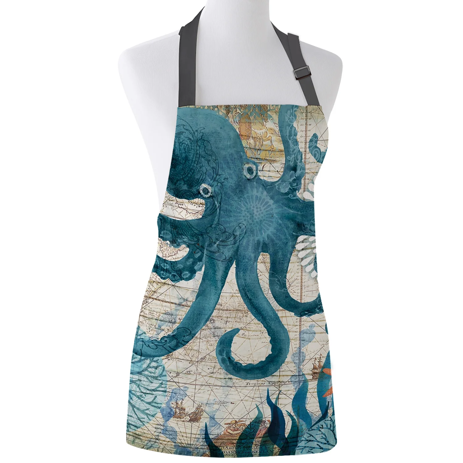 

Underwater World Octopus Apron Personalized Design Adjustable Canvas Kitchen Cafe Aprons Female Ladies Couples Cooking Dining