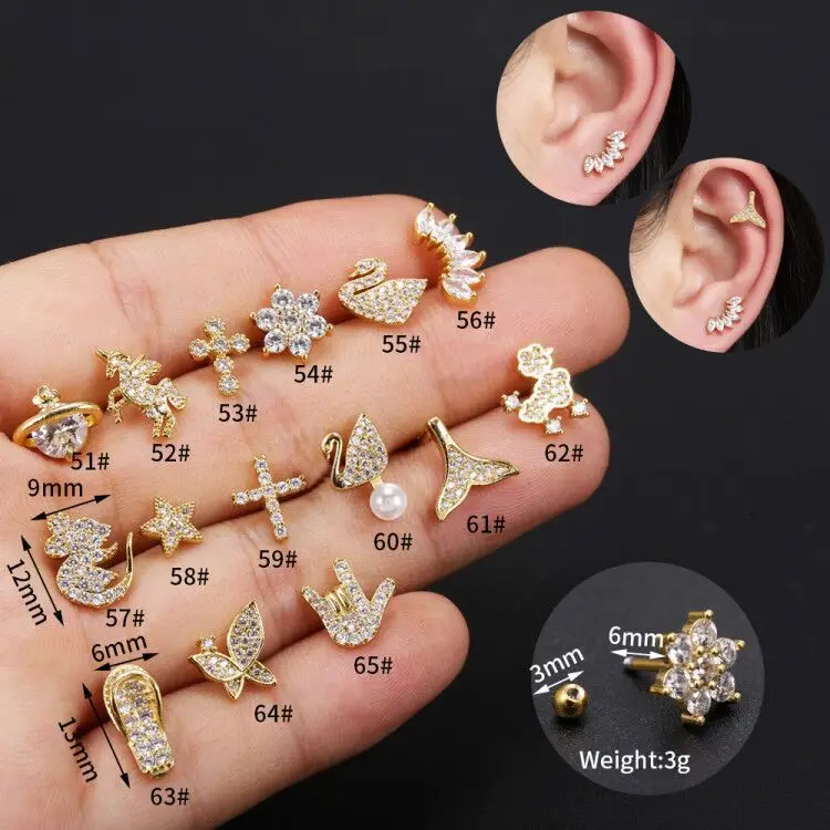 1PC 18G CZ Cartilage Stud Earring For Women Girls Cross Star Conch Tragus Stud Helix Ear Piercing Jewelry