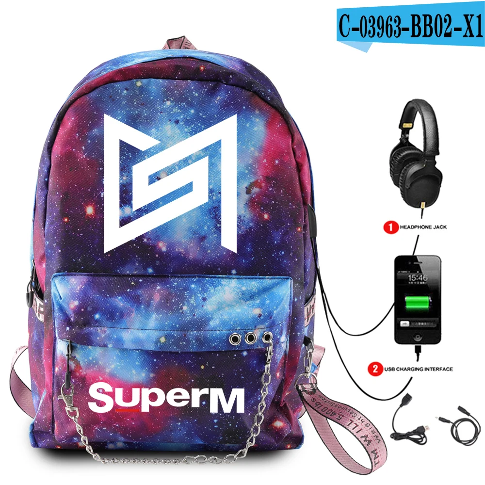 SuperM рюкзак KPOP крутой логотип команды стильный с подвесным орнаментом с USB молнией модный рюкзак для путешествий - Цвет: BB02