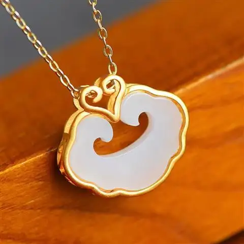 

Natural Hetian Jade Lock of Good Wishes Pendant S925 Sterling Silver Xiangyun Love Lock Necklace Safety Lock Lady Clavicle Chain