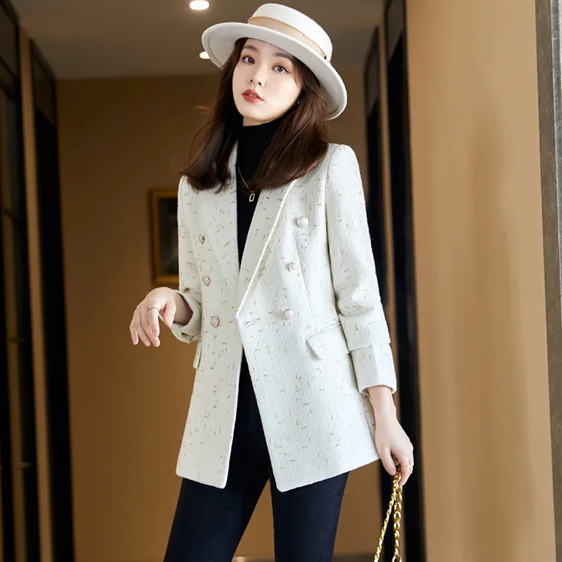 

Large Size Women's High-quality Tweed Plaid Suit 2022 New Autumn and Winter Double-breasted Versatile Ladies Jacket Office