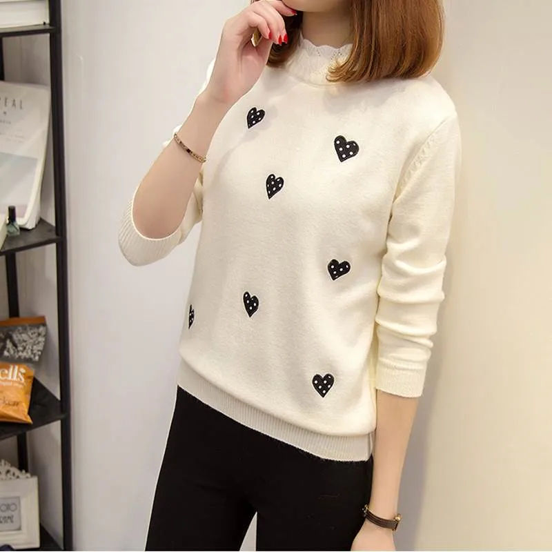 

Autumn and Winter New Cute Peach Heart Print Knitted Lace Pullover Long-sleeved Lace Collar Bottoming Shirt Sweet College Style