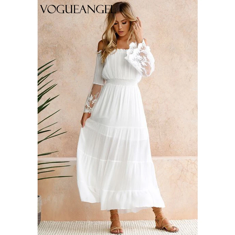 Женское летнее белое платье макси соблазнительное шифоновое кружевное