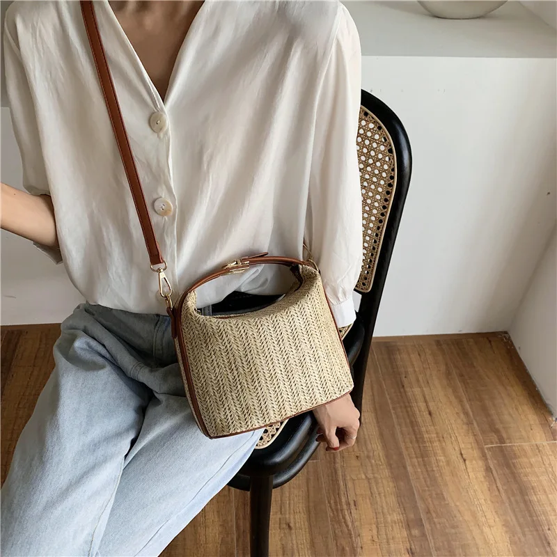 

Fashion Drawstring Ladies Shoulder Bag Women Cross-body Shoulder Bag Straw weaving Women Hand Bag Small Box bag