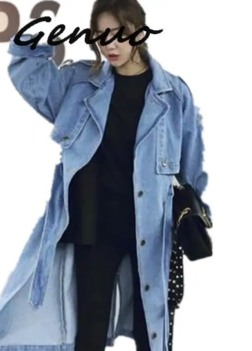 

Casual Loose Full Sleeve Denim Trench Coats Spring Women Wide-waisted European Long Coats Single Breasted Autumn Women Tops
