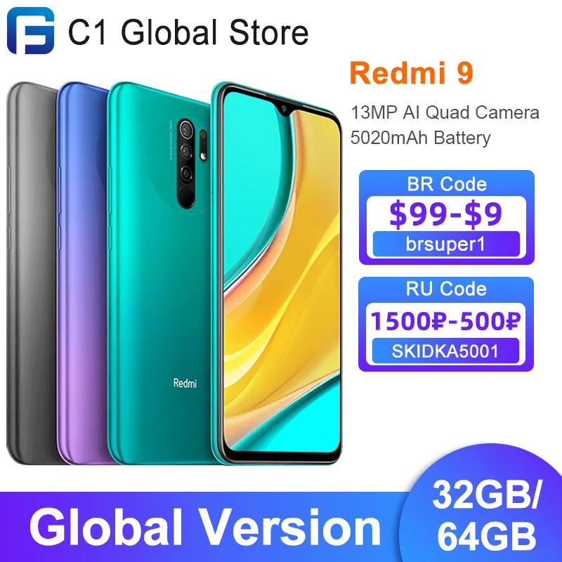 В наличии! Глобальная версия Xiaomi Redmi 9 32GB / 64GB смартфон Helio G80 Octa core 13MP AI Quad камера 6 53