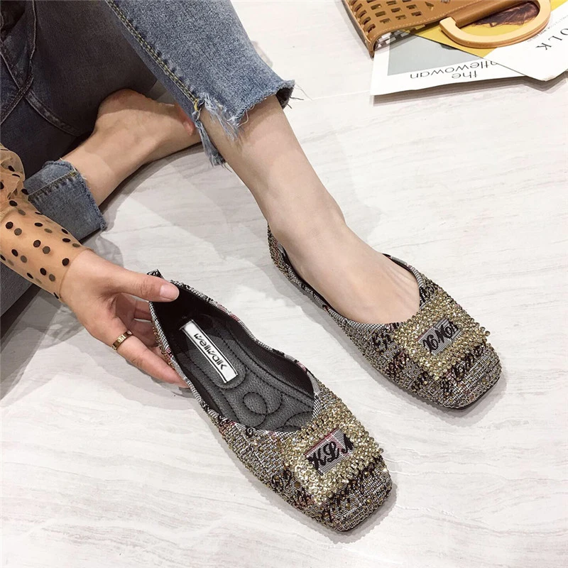 Обувь из джинсовой ткани на плоской подошве со стразами Женские балетки Удобные