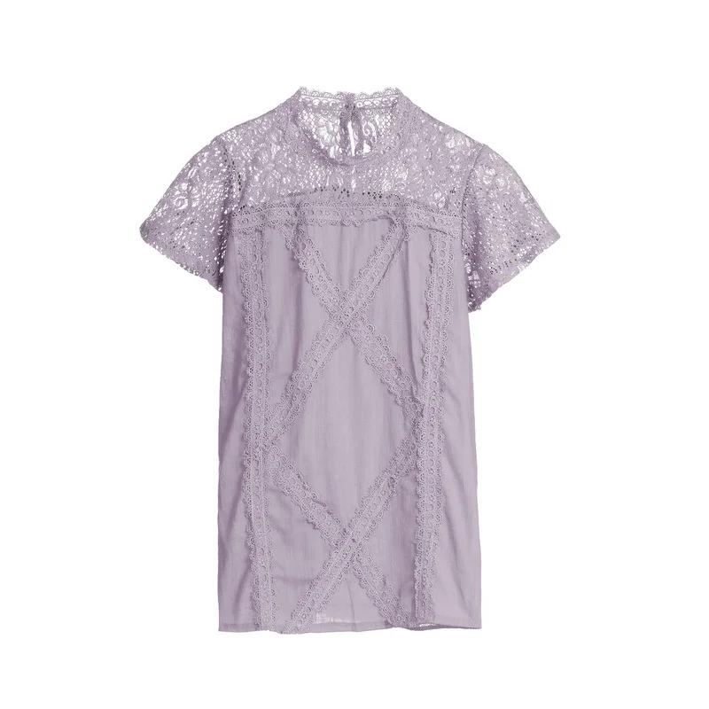 

Womens Ladies Casual Summer Lace Shirt Short Sleeve Hollow Out Blouse T-shirt Tops Pure Color Shirts