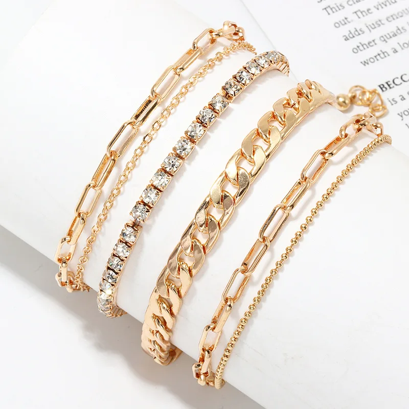 

2021 Trendy Multilayered Crystal Anklets Set for Women Girls Gold Thick Chain Anklet Foot Ankle Bracelet Leg Chain Jewelry