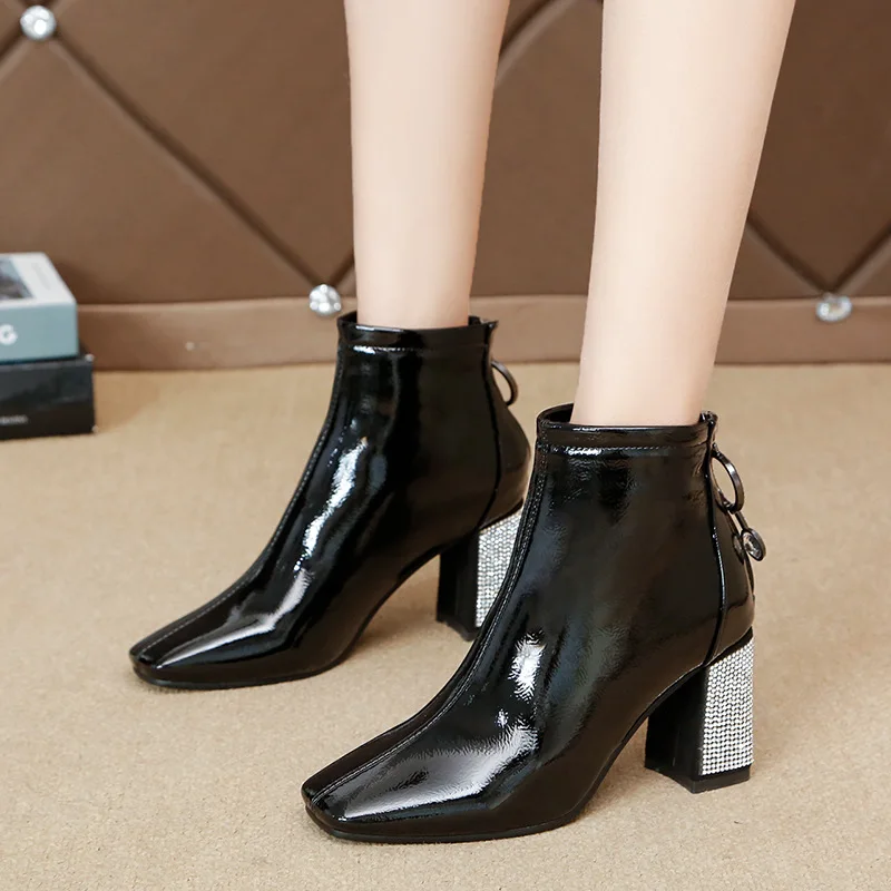 Square Toe Patent Leather Shoes High Heels Ankle Boots Femme Crystal Chunky Heels Shoes for Women Dress Wedding Boots Women