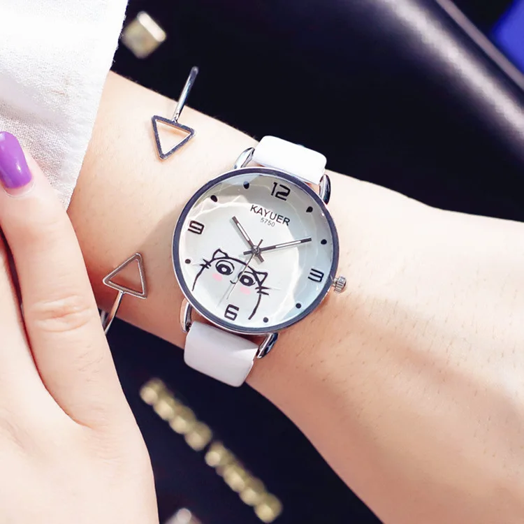 

Women's Fashion Casual Watches With Cats Cartton Pattern Woman Quartz Clock 2019 Simple Female Leather Wristwatches Girls Watch