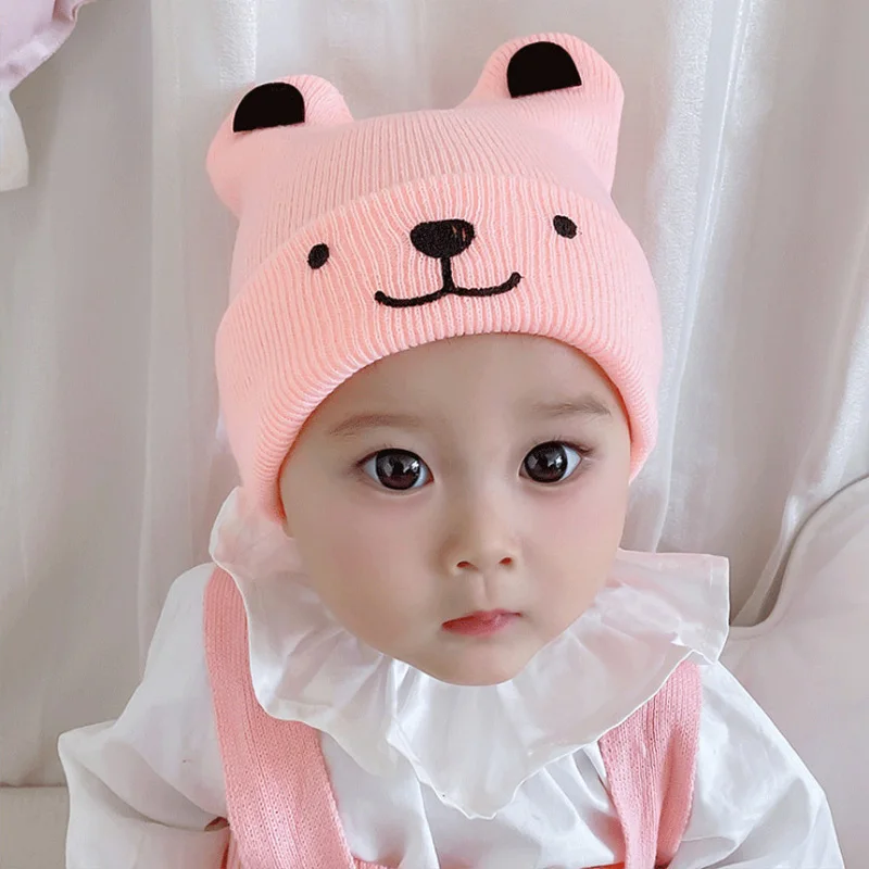2023 New Kids Knitted Hats Baby Hat Solid Color Boy Girl Cartoon Smile Embroidery Winter Children Warm Beanies Child Caps For
