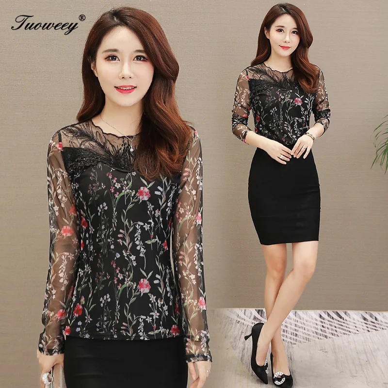 

Women blouse shirt New 2019 women blouses long sleeve Mesh shirt Slim Hollow out lace blouse plus size blouse women tops blusas