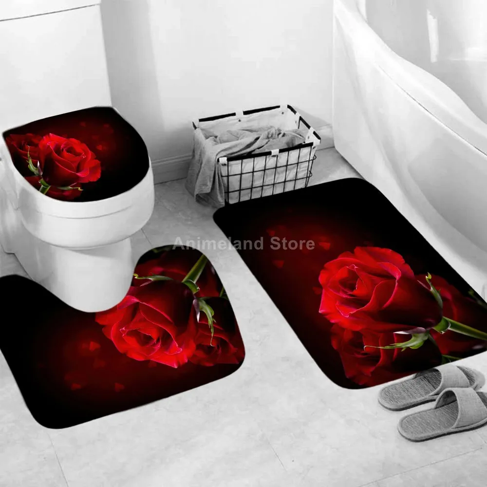 

Flower Shower Curtains Romantic Red Rose Bathroom Curtain Bath Sets Toilet Cover Mat Non-Slip Washroom Rug Set Modern 180x180cm
