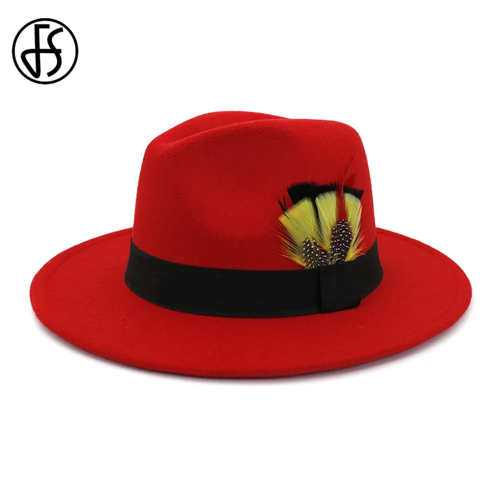 FS Винтаж перо фетровая шляпа в стиле джаз для Для женщин мужчин с широкими полями