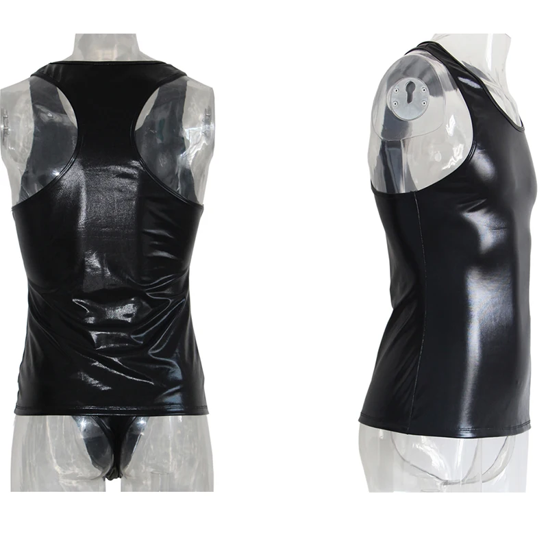 Sexy Men Vinyl Undershirt Lingerie Set Black Leather Tank Top Low Waist G-String Thongs Underwear Male Erotic Wetlook Clubwear