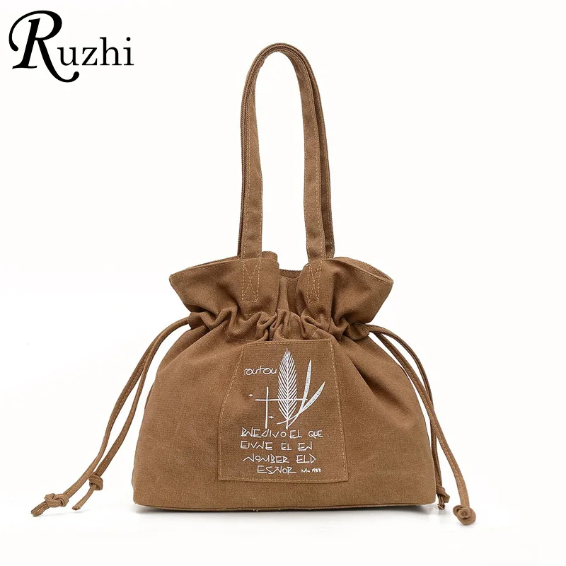 

2022 Vintage Drawstring Bucket Bag Leisure Letter Handbag For Women Girls Solid Canvas Shoulder Bags High Quality Tote Bag Gifts