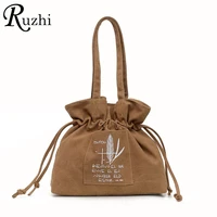 2022 vintage drawstring bucket bag leisure letter handbag for women girls solid canvas shoulder bags high quality tote bag gifts