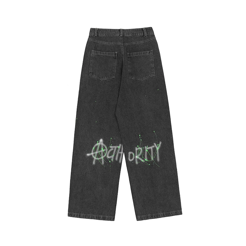 

Harajuku Skull CrackPprint Graffiti Loose Denim Trousers Mens Striaght Retro Wide Leg Casual Jeans Oversize Hip Hop Couple Pants