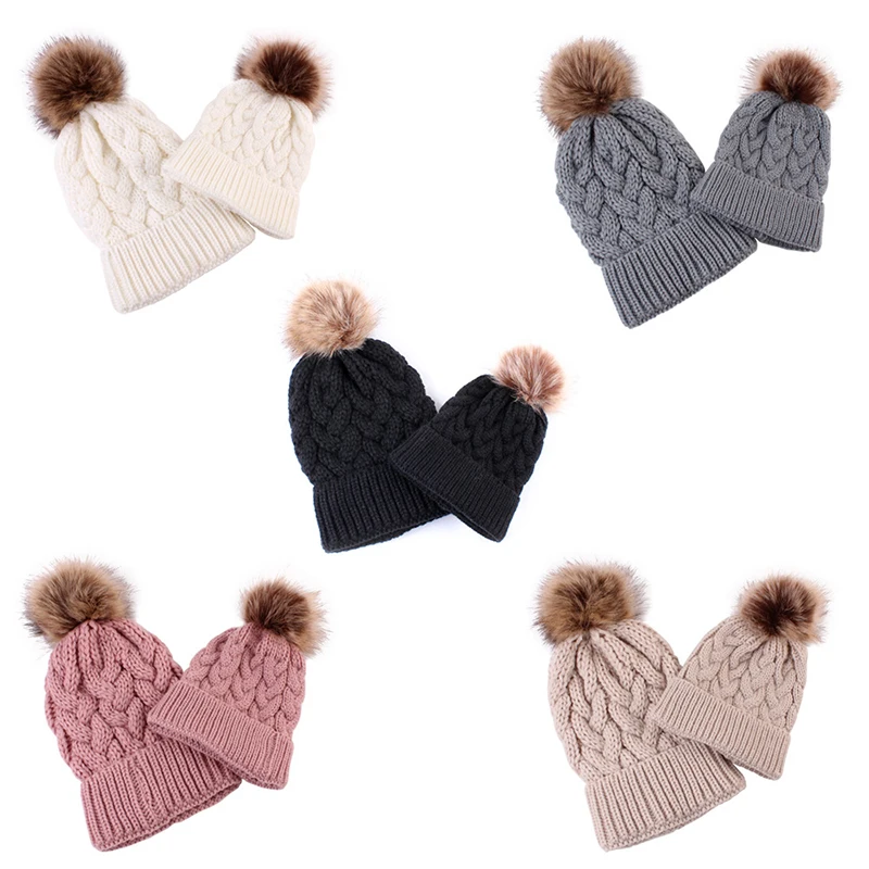 

Fashion Thick Knitted Acrylic Winter Warm Beanie Hats For Mom Baby Child Outdoor Kids Pompom Cap Faux Fur Ball Parent-Child Hat