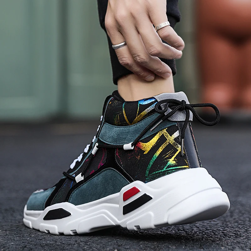 

Korean Version High-top Thick Bottom Flower Cloth Increase Sports Casual Color Matching Walking Shoes Men's Fashion Sneakers