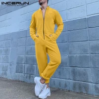 incerun men casual jumpsuits solid color zipper streetwear long sleeve cargo overalls men 2022 pockets fashion loose rompers 5xl