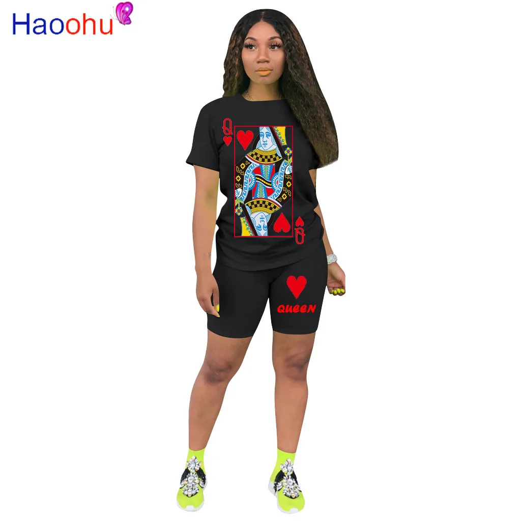 

HAOOHU Women Set Two Pieces Set Tracksuit Black Queen Poker Card Tee Tops Knee Length Jogger Sweatpant Suit Outfit Matching Set