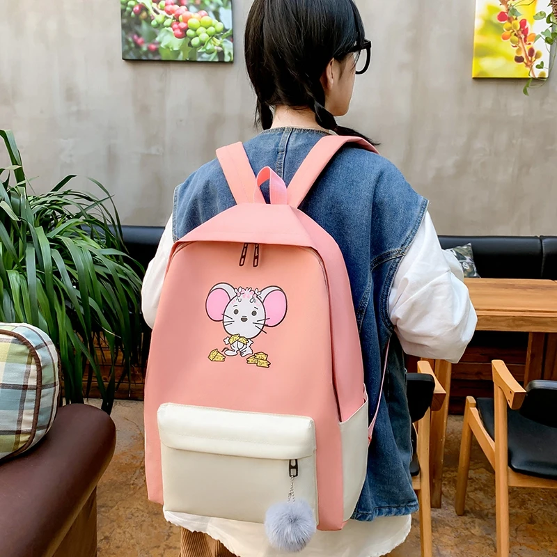 

4pcs cute kids school Bag canvas women School backpack Cartoon Pattern school bag for teenager girl muchila Female Backpack