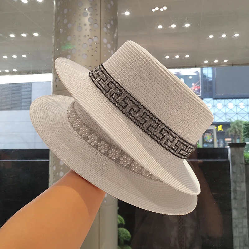 Artificial Diamond Belt Straw Hat Retro Braided Hat Female Loose Sunscreen Sunshade Flat Cap Visors Hats Church Hat