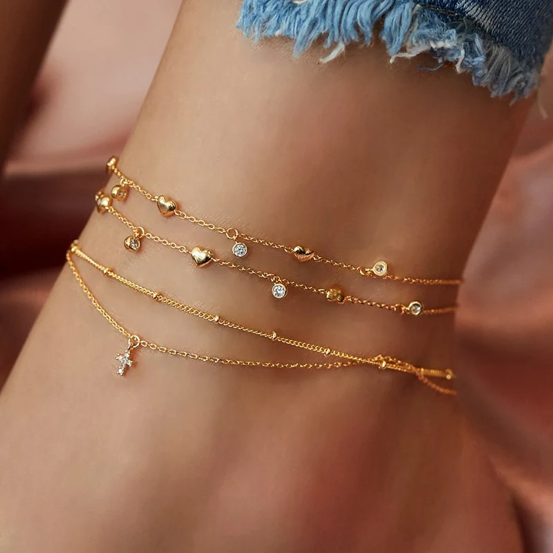 

Bohemian Multilayer Rhinestone Heart Anklets For Women Gold Cross Pendant Anklet Ankle Bracelet On Leg Sexy Barefoot Jewelry New